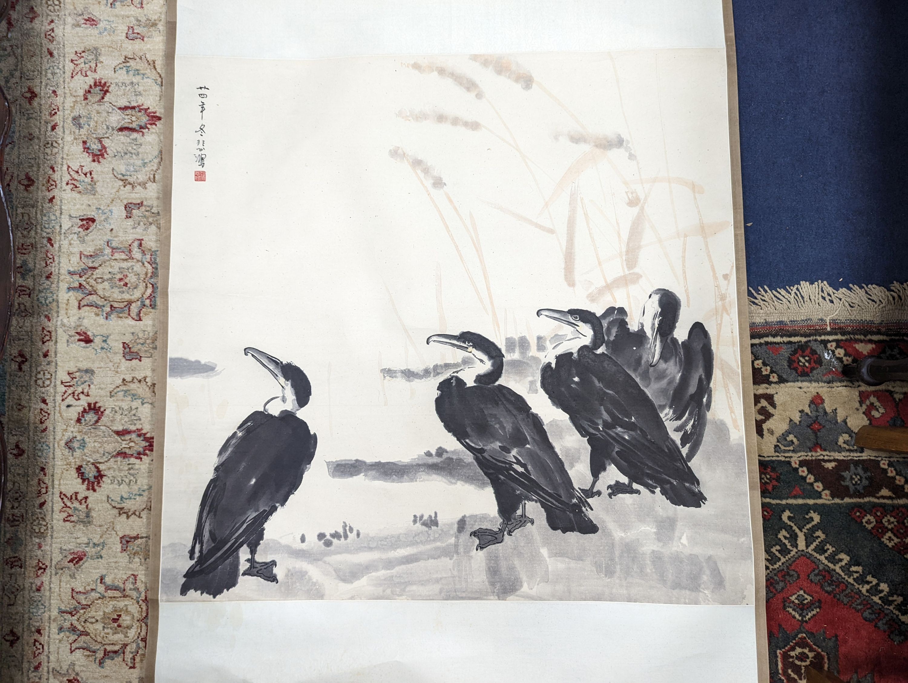 Two mid 20th century Japanese watercolour on paper scroll paintings, Boatman in a landscape, 79.5 x 113cm, and Cormorants on a bank, 103 x 106cm